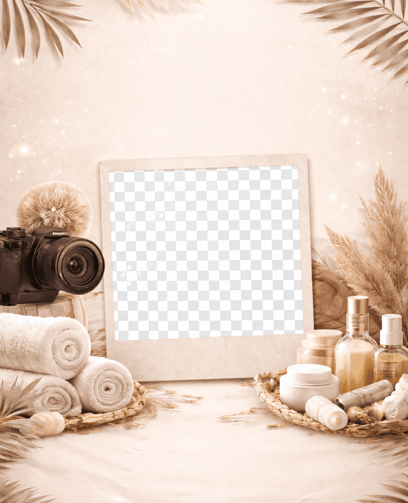 Empty polaroid frame with spa products, dried plants, and a camera, in warm tones.