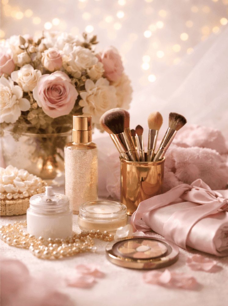 Elegant collection of perfume, makeup brushes, pearls, and roses on a soft pink surface.