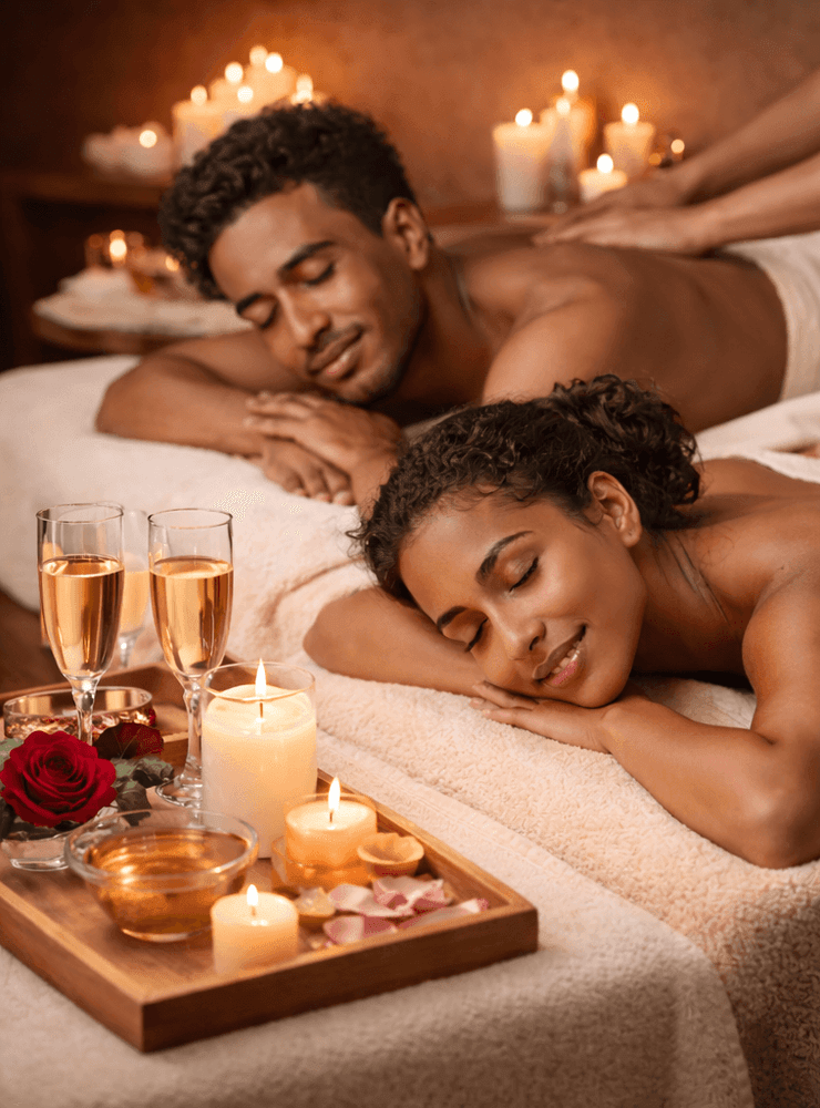 A couple receives relaxing massages in a dimly lit, romantic spa setting with candles.